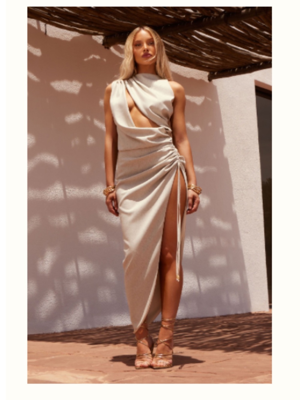 PLT Sleeveless Cream Ruched Cutout Midi Dress